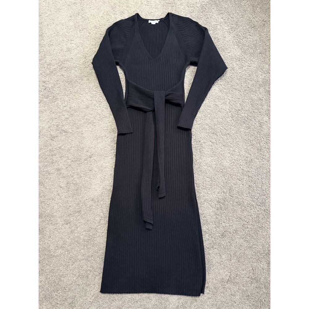 Good American Belted Stretch Black Sweater Dress 1/2 S/M Slit Bodycon Midi